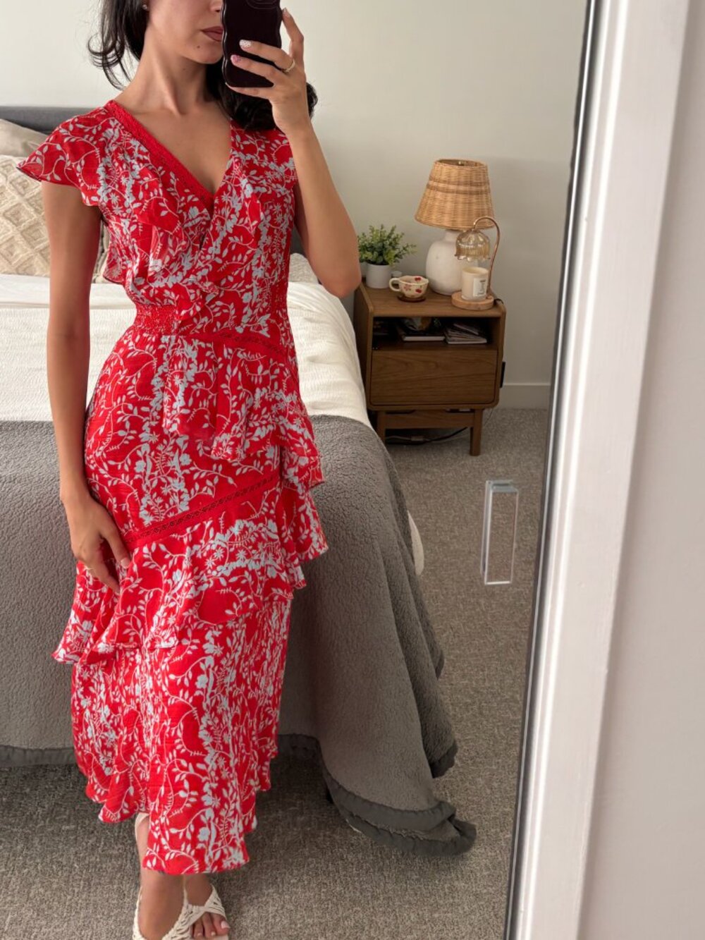 Tanya Taylor Silk Floral Print Midi Dress Women's 2 Red Blue Floral